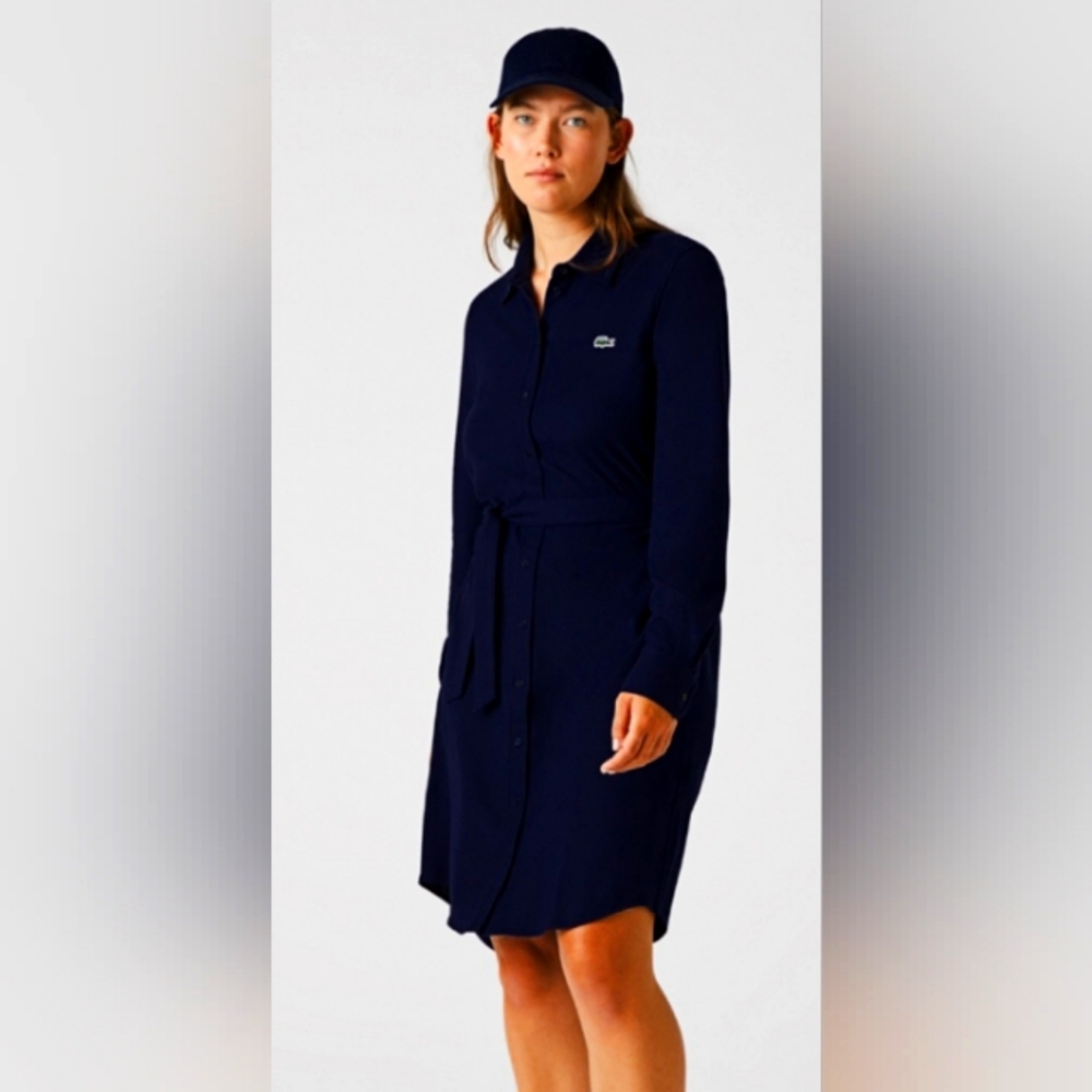 LACOSTE ADJUSTABLE COTTON PIQUÉ POLO DRESS Women's Size 38 Long Sleeve.